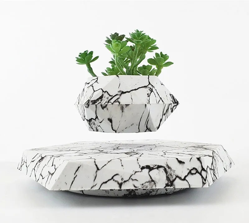 Marbled levitating plant pot floating in air with small plant under soft light