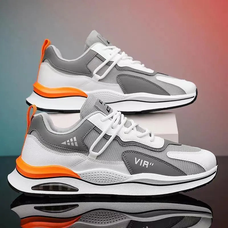 Men's gray breathable mesh running shoes with round toe and EVA sole for jogging