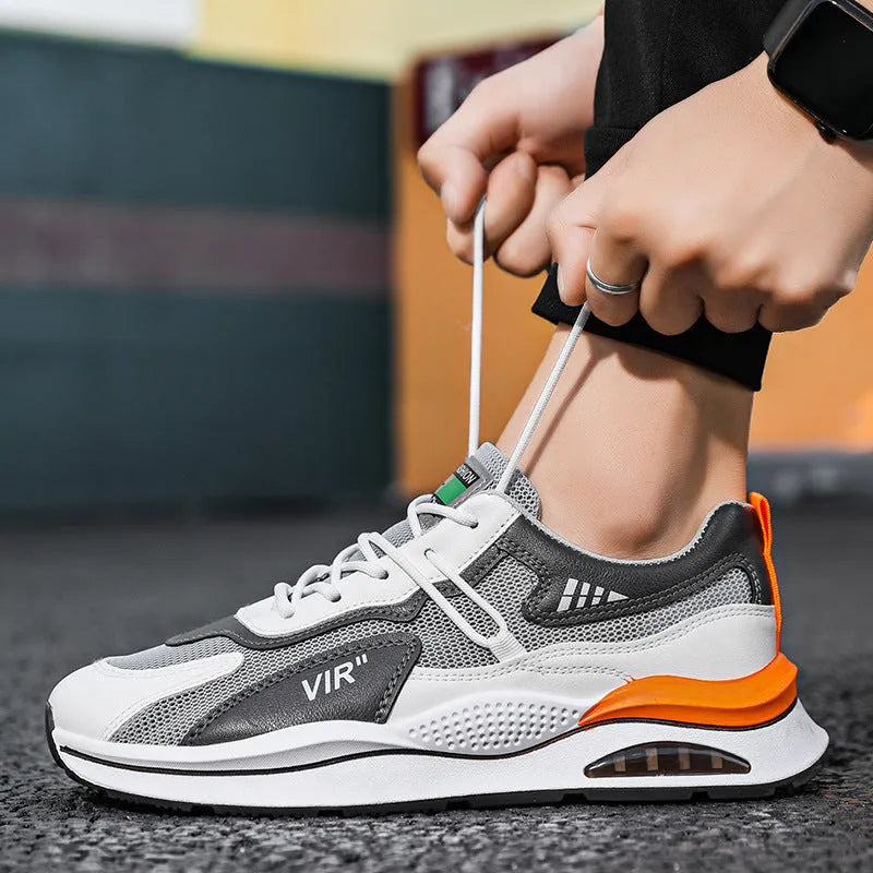 Men's gray breathable mesh running shoes with round toe and EVA sole for jogging