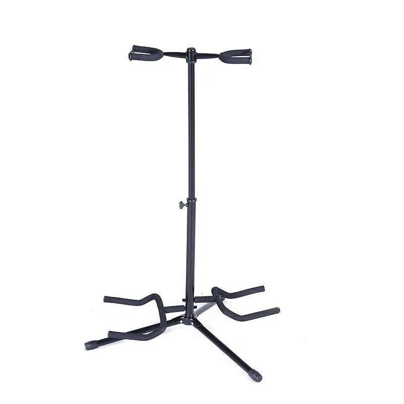 Black vertical double-headed adjustable guitar stand with foam padding on contact points
