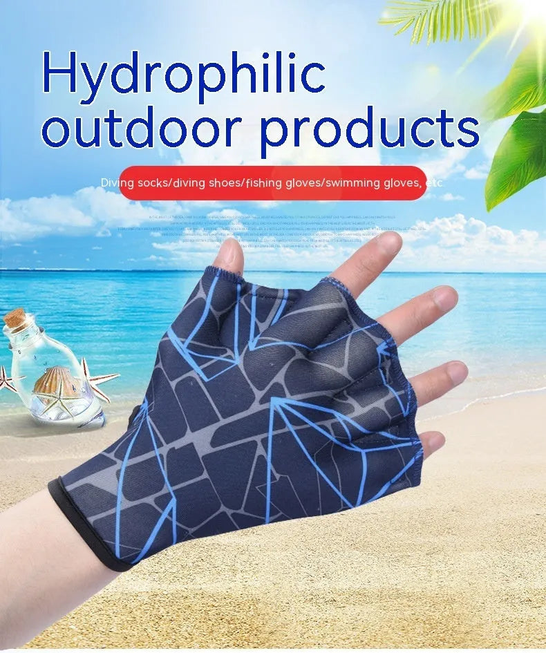 Green print duck feet webbed swimming gloves for outdoor water sports training