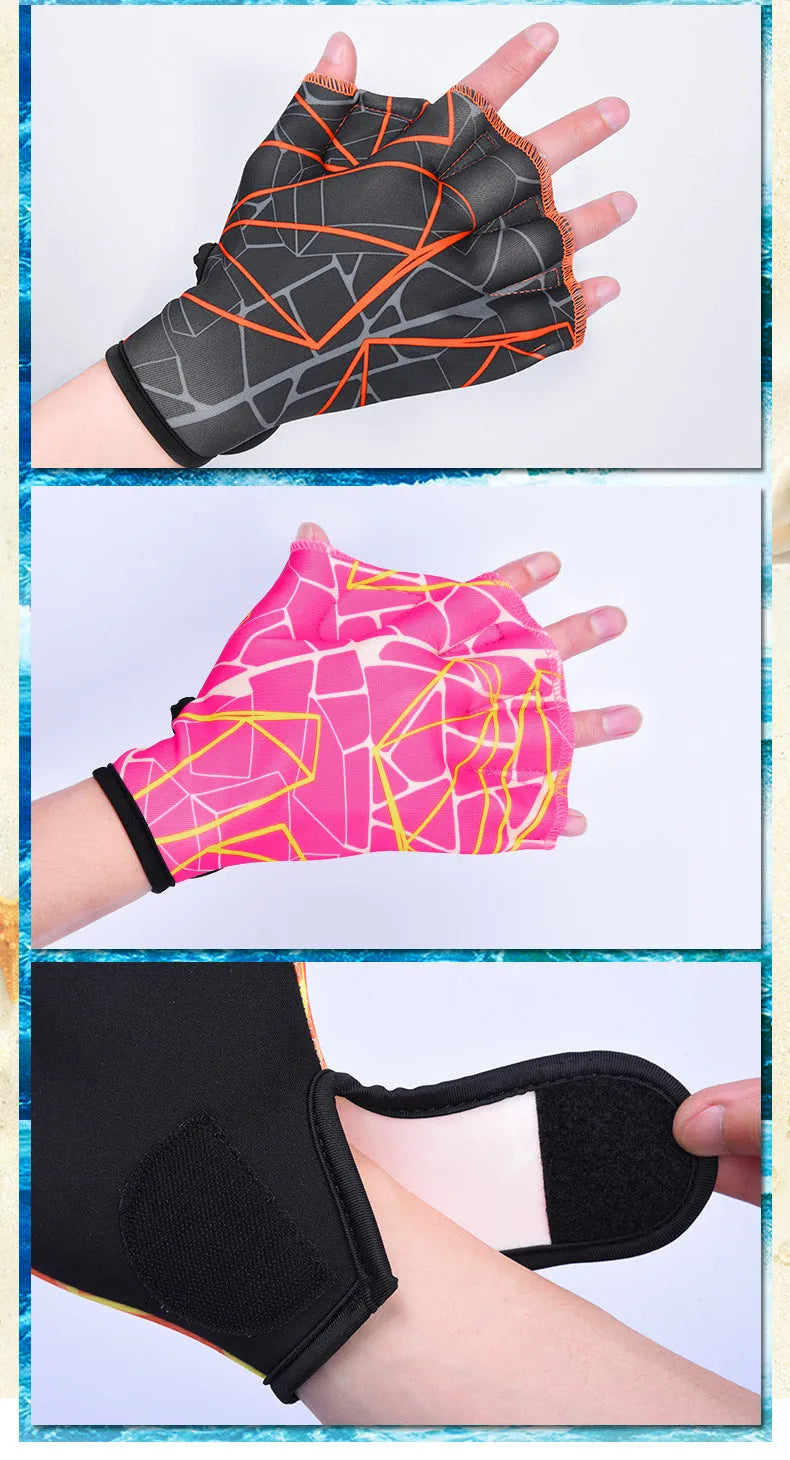 Green print duck feet webbed swimming gloves for outdoor water sports training