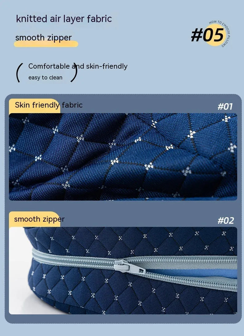 Heart-shaped dark blue jacquard memory foam leg pillow for adults on a bed.