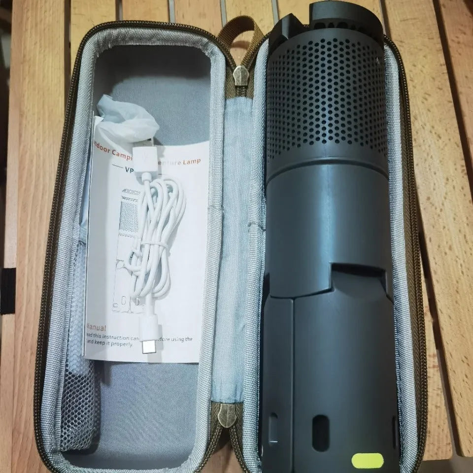 Portable LED camping lantern in off white or dark grey colour with battery power and button switch