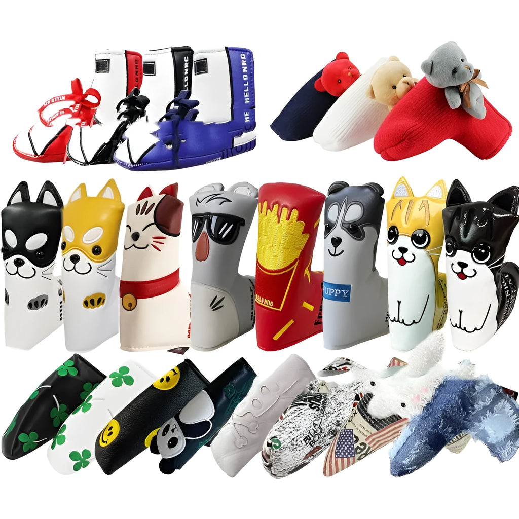 Golf straight bar putter sleeve in waterproof fabric with various design options including clover, bear, and animal patterns