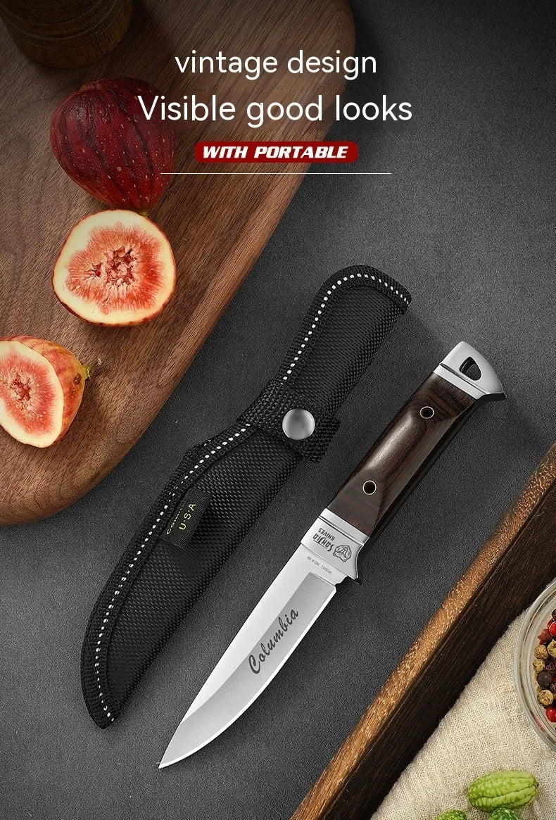 Camping portable fruit knife in stainless steel with leather case.