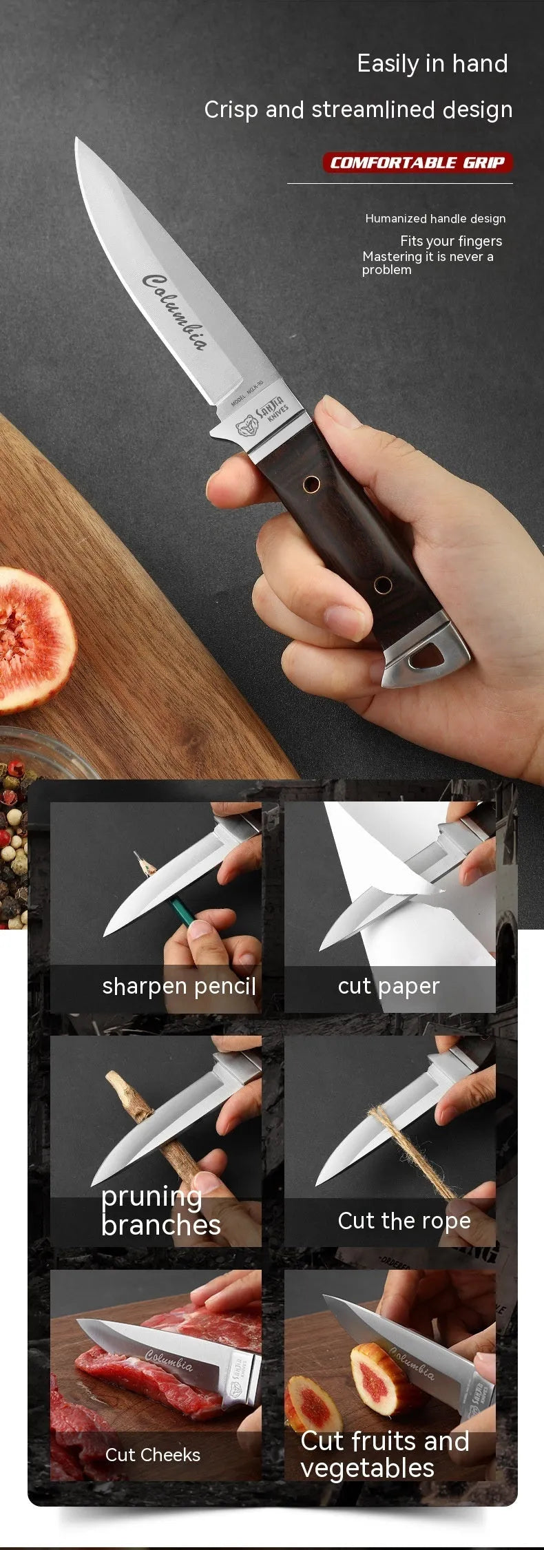 Camping portable fruit knife in stainless steel with leather case.