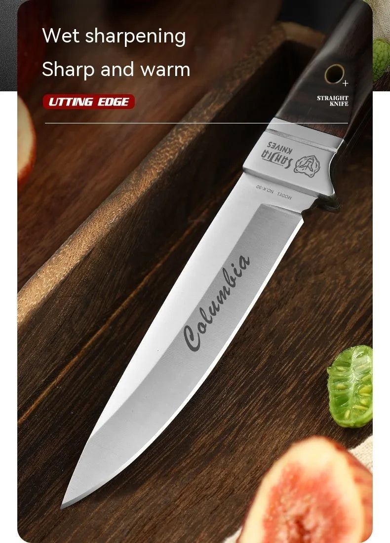 Camping portable fruit knife in stainless steel with leather case.