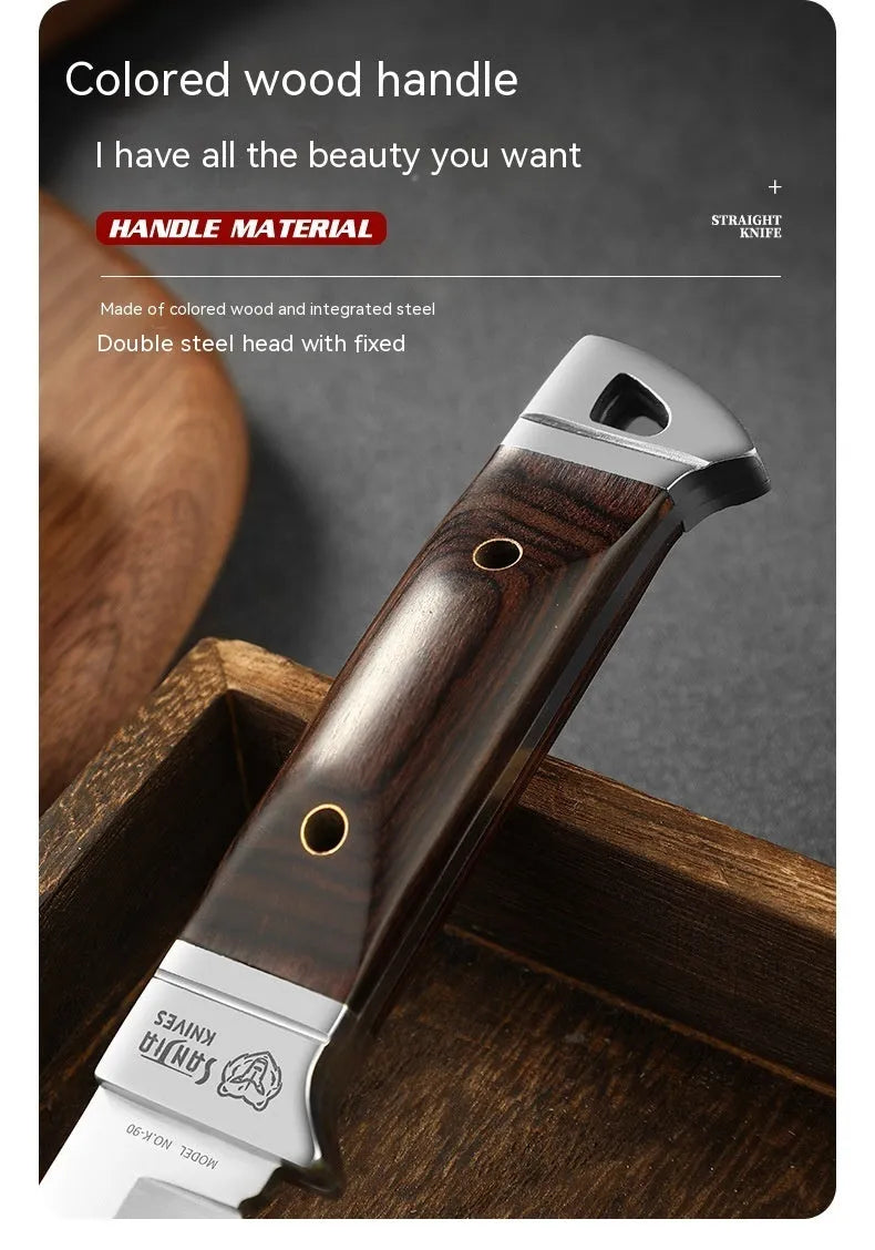 Camping portable fruit knife in stainless steel with leather case.