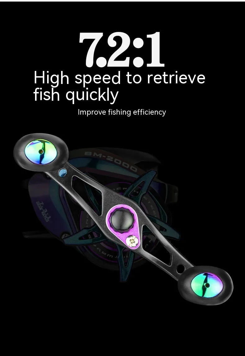 Colourful BM2000 fishing reel with magnetic brake system on a water drop spool.