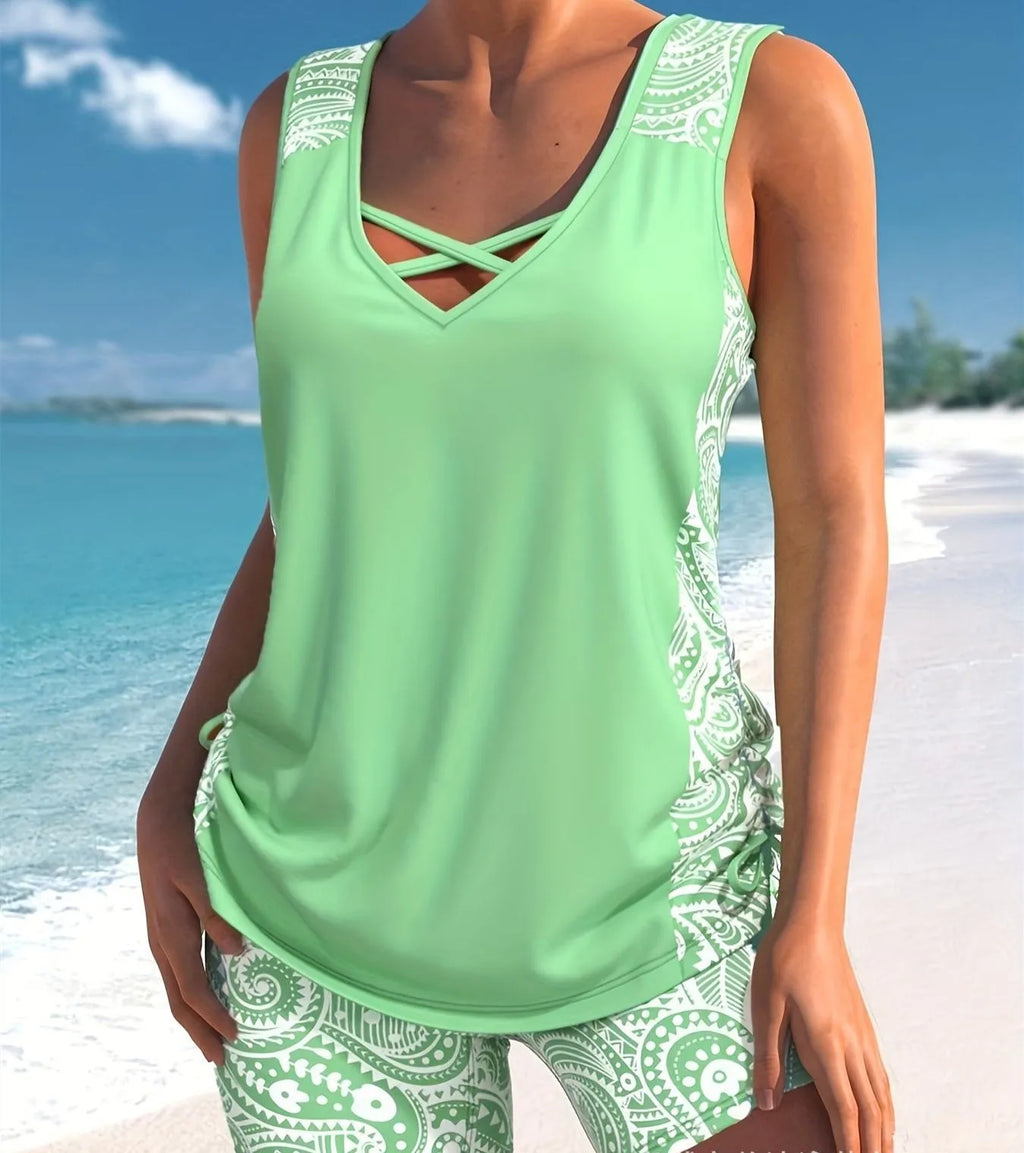 Women's printed split boxer swimsuit set with a top and shorts in a choice of colours.