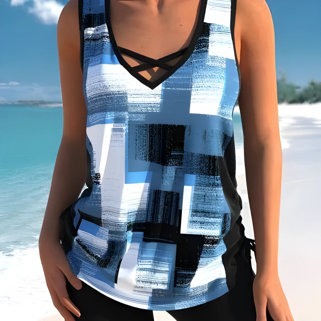 Women's printed split boxer swimsuit set with a top and shorts in a choice of colours.