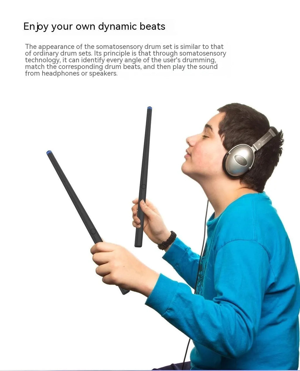 Somatosensory air drum kit with black host, two drumsticks, and LED lighting on a table