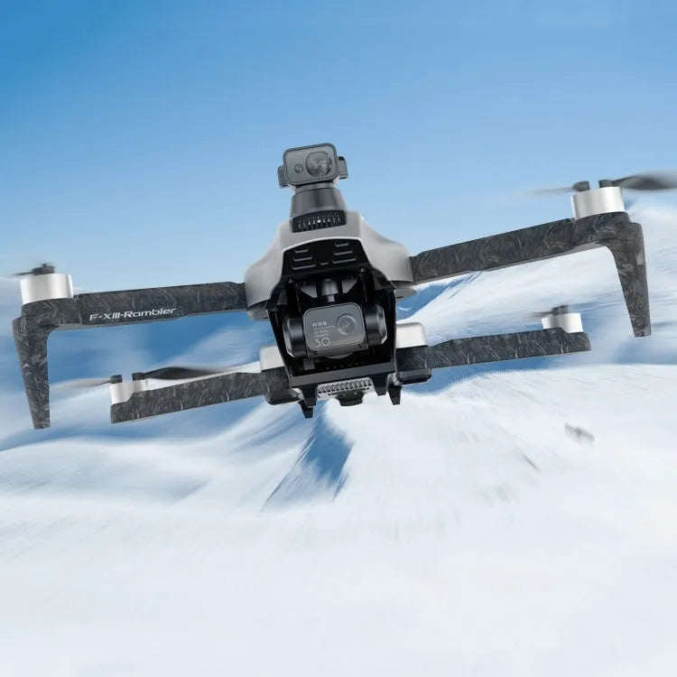 White folding quadcopter drone with camera showing obstacle avoidance sensors and brushless motors