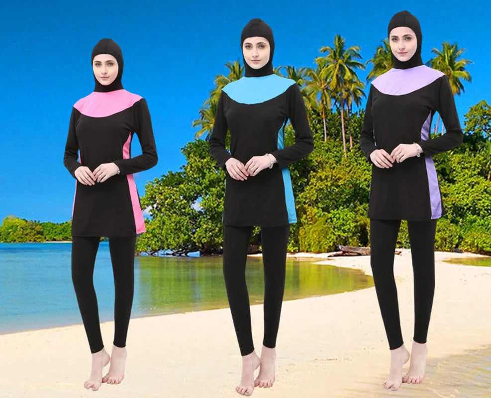 Conservative women's hooded long sleeve one-piece swimsuit for swimming, shown in black with rose red colour.
