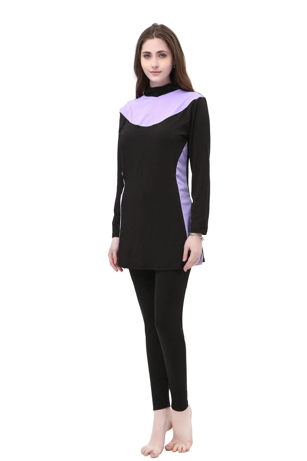 Conservative women's hooded long sleeve one-piece swimsuit for swimming, shown in black with rose red colour.
