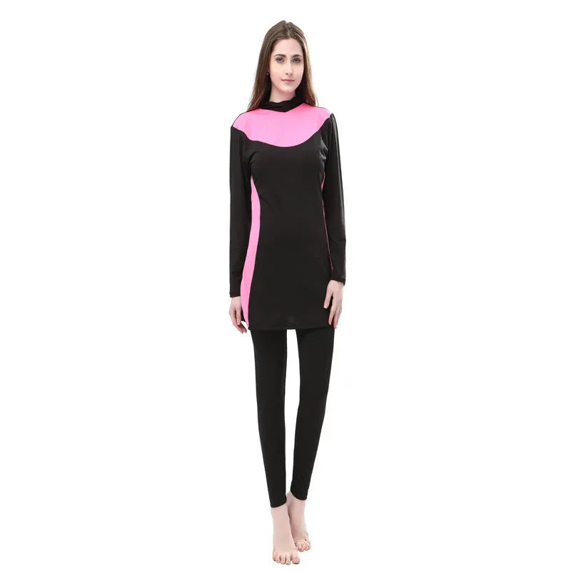 Conservative women's hooded long sleeve one-piece swimsuit for swimming, shown in black with rose red colour.