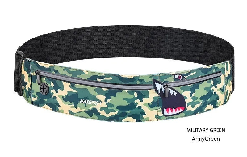 Waterproof 8-inch waist bag in camouflage crocodile pattern with adjustable strap