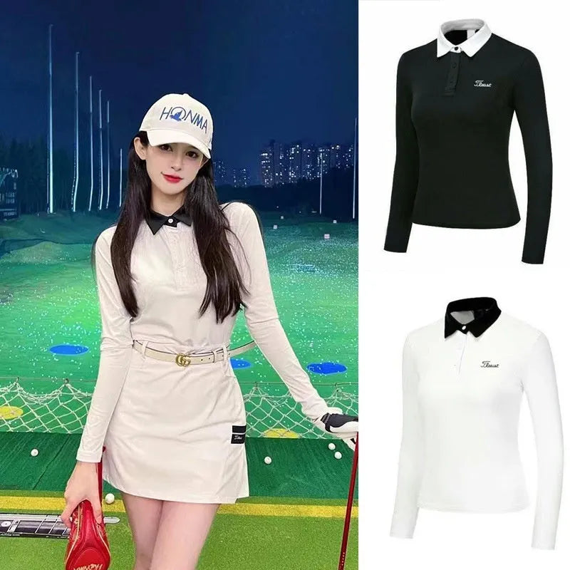 Women's white long sleeve polyester golf top with slim fit design for outdoor sports