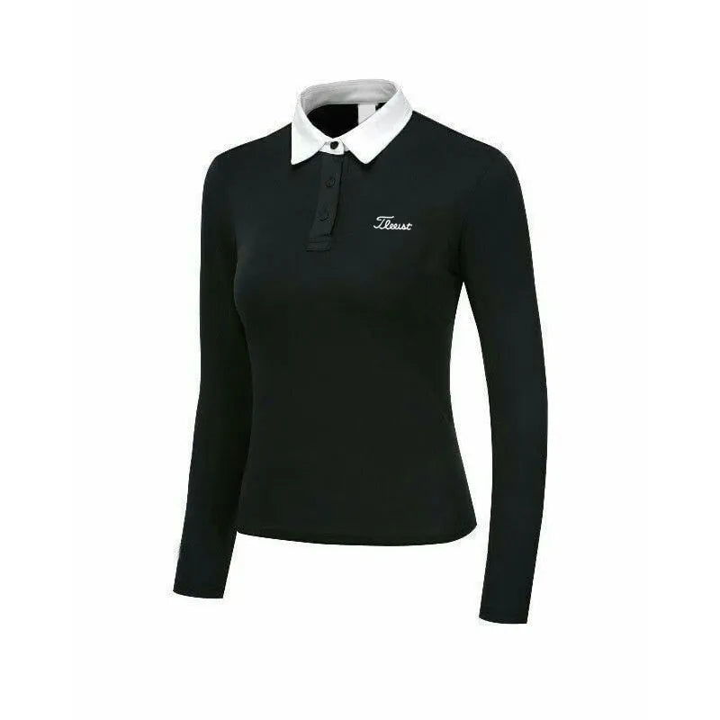 Women's white long sleeve polyester golf top with slim fit design for outdoor sports