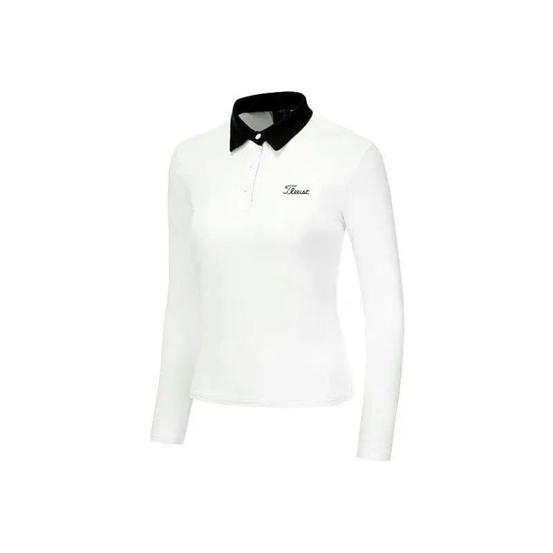 Women's white long sleeve polyester golf top with slim fit design for outdoor sports