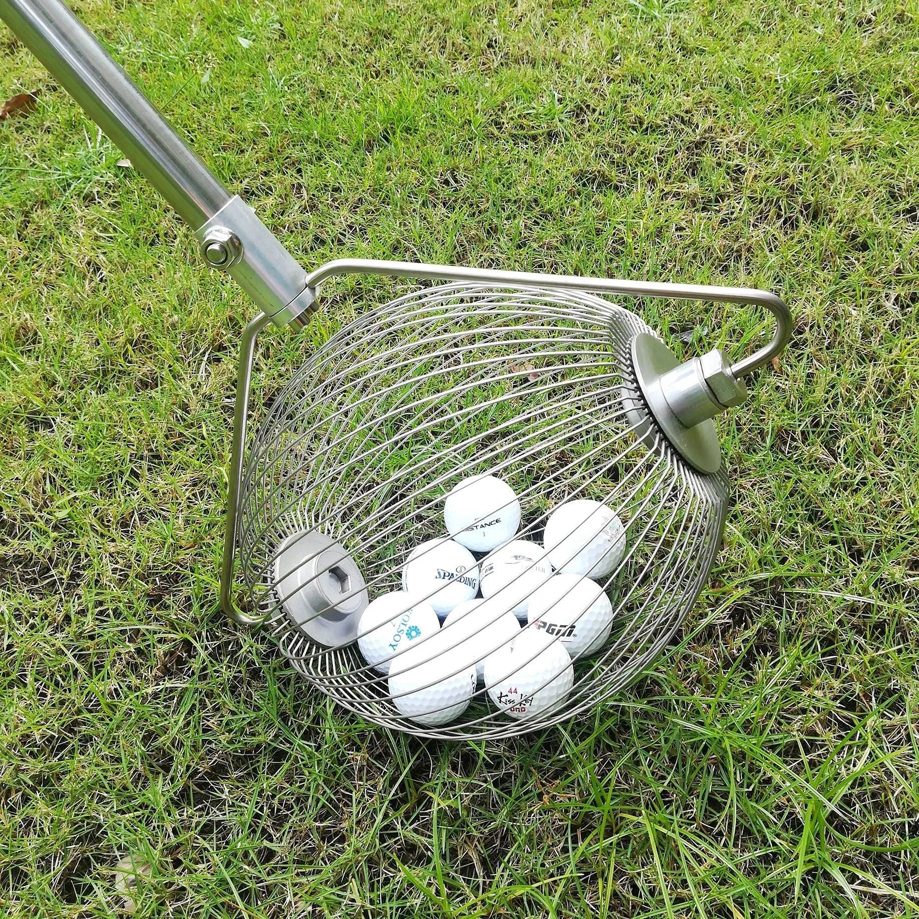 Stainless steel golf ball picker with metallic finish for collecting practice balls