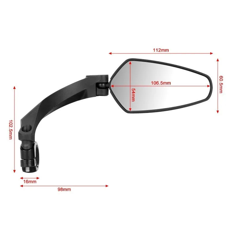 Black PMMA acrylic rotatable rearview mirror for mountain bike handlebars.