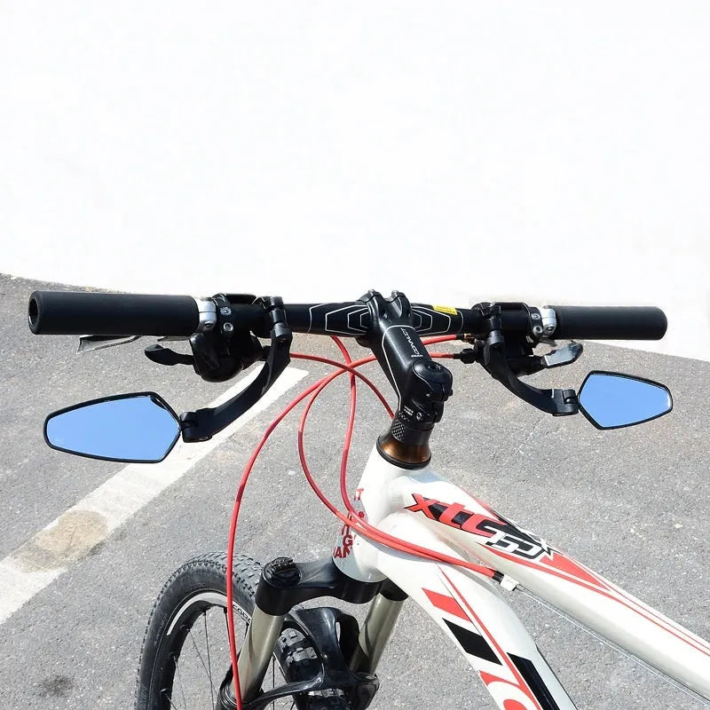 Black PMMA acrylic rotatable rearview mirror for mountain bike handlebars.