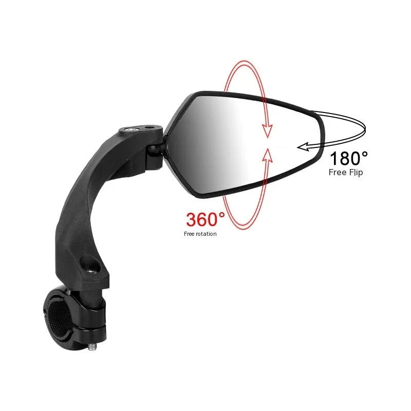Black PMMA acrylic rotatable rearview mirror for mountain bike handlebars.