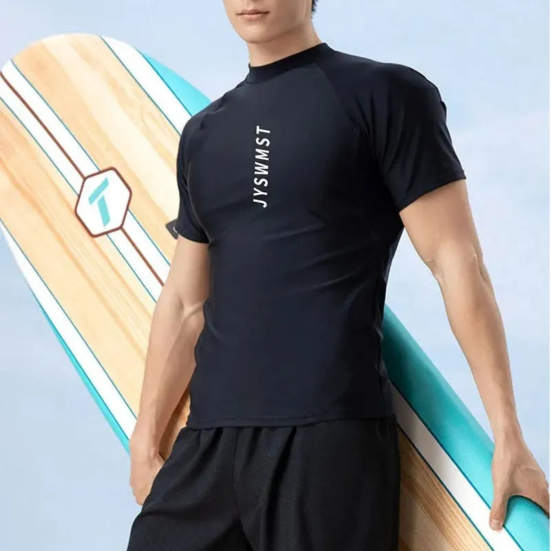 Men's patterned polyester swimsuit set with top and pants in extended sizes