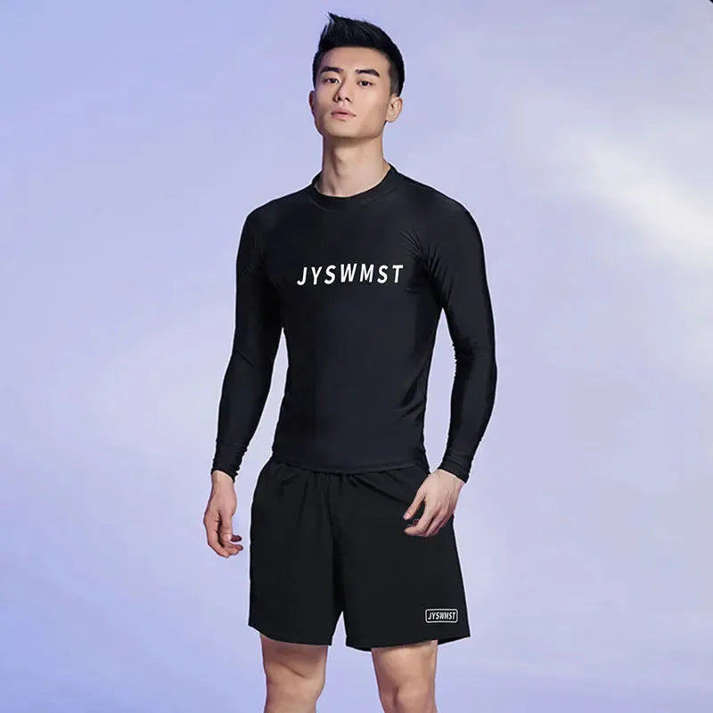 Men's patterned polyester swimsuit set with top and pants in extended sizes