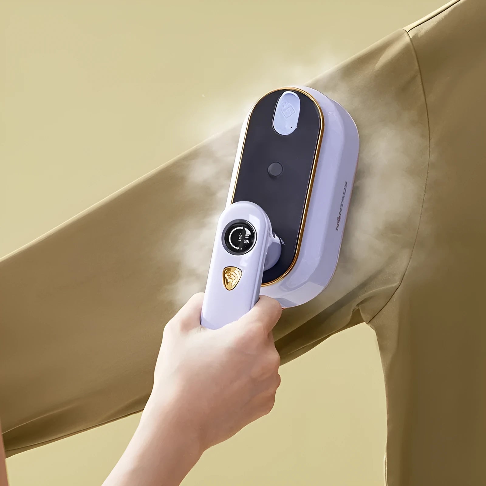Foldable portable steam iron in Milky White with ceramic base plate and foldable handle