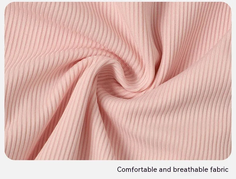 Pink women's conservative one-piece Siamese swimsuit on a hanger.