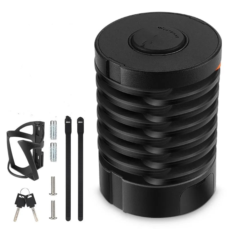 Black and black orange portable bicycle folding lock with a modern design on a white background.