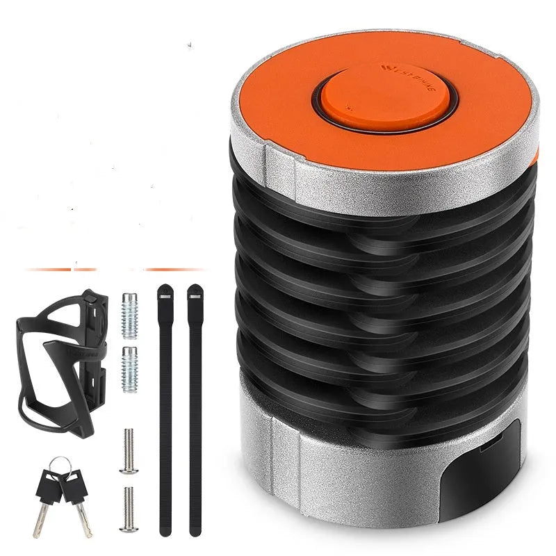 Black and black orange portable bicycle folding lock with a modern design on a white background.