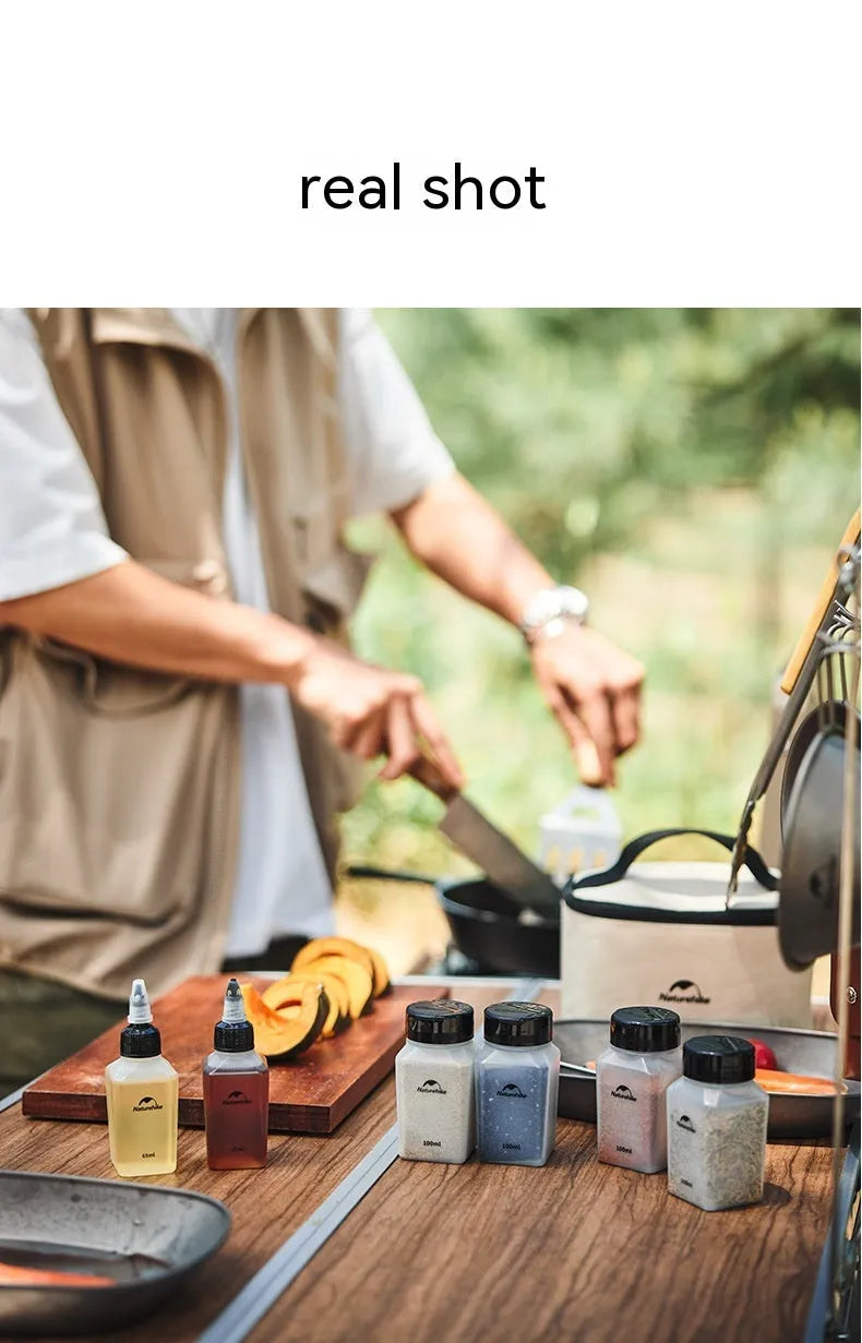 Naturehike set of six white portable seasoning bottles for outdoor picnics and camping.