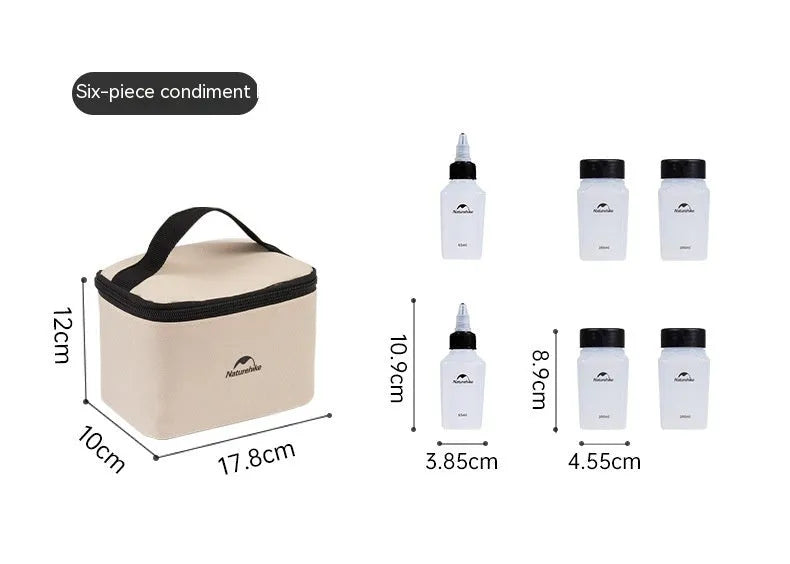 Naturehike set of six white portable seasoning bottles for outdoor picnics and camping.