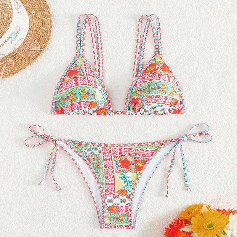 Women's lace-up front one-piece swimsuit with split leg design in polyester fabric