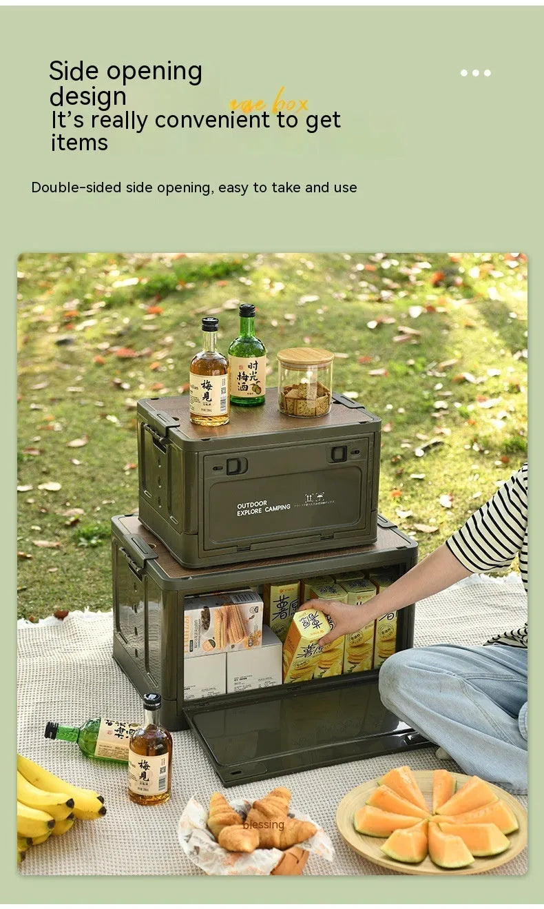 Large green plastic storage box with foldable design for household organisation