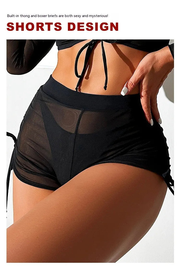 Black mesh women's bikini four-piece set with long sleeves and briefs for swimming sports