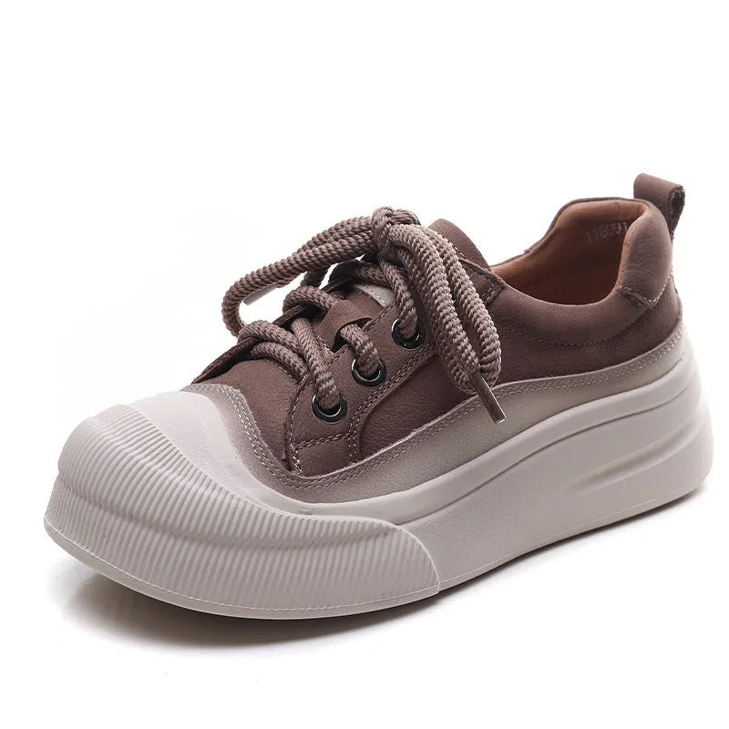 Women's yellow full grain cow leather lace-up casual shoes with round toe