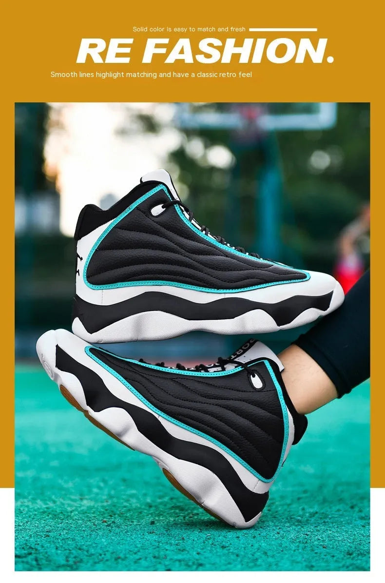 Men's high-top casual basketball shoes in AJ13 colours with mesh upper and rubber sole