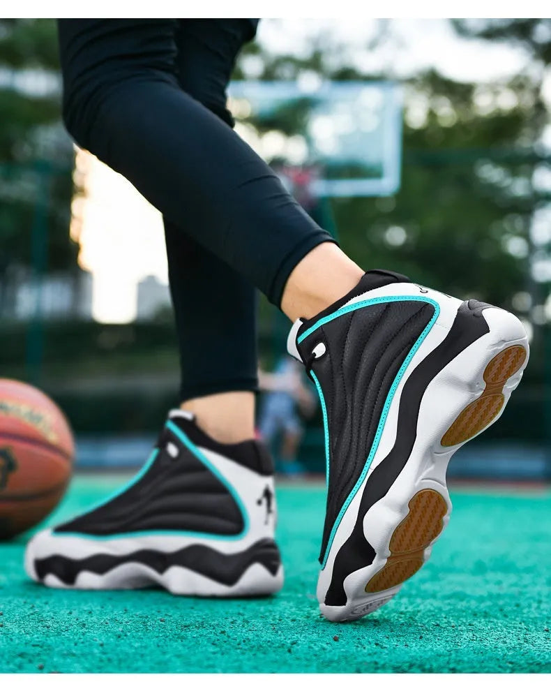 Men's high-top casual basketball shoes in AJ13 colours with mesh upper and rubber sole