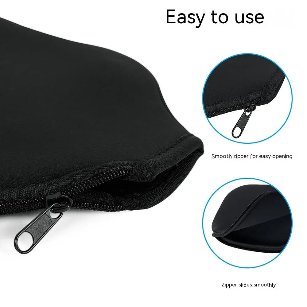 Black neoprene protective sleeve for table tennis racket, laid flat on surface