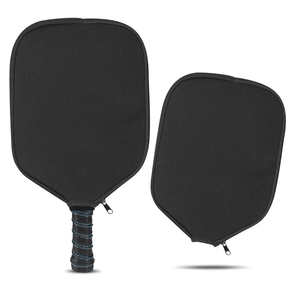 Black neoprene protective sleeve for table tennis racket, laid flat on surface