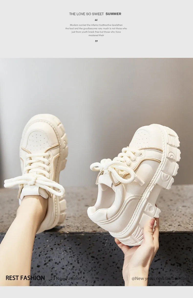 Beige and pink women's leather casual shoes with a raised rubber foam sole for height increase.