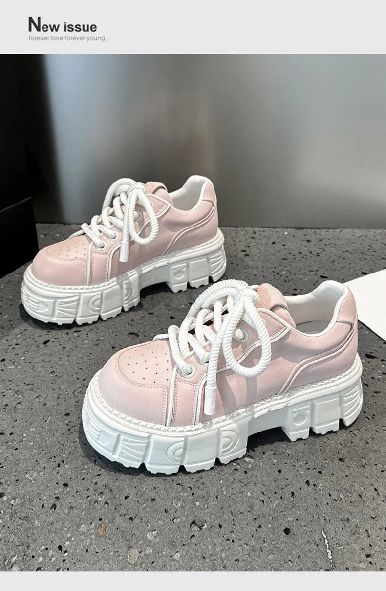 Beige and pink women's leather casual shoes with a raised rubber foam sole for height increase.