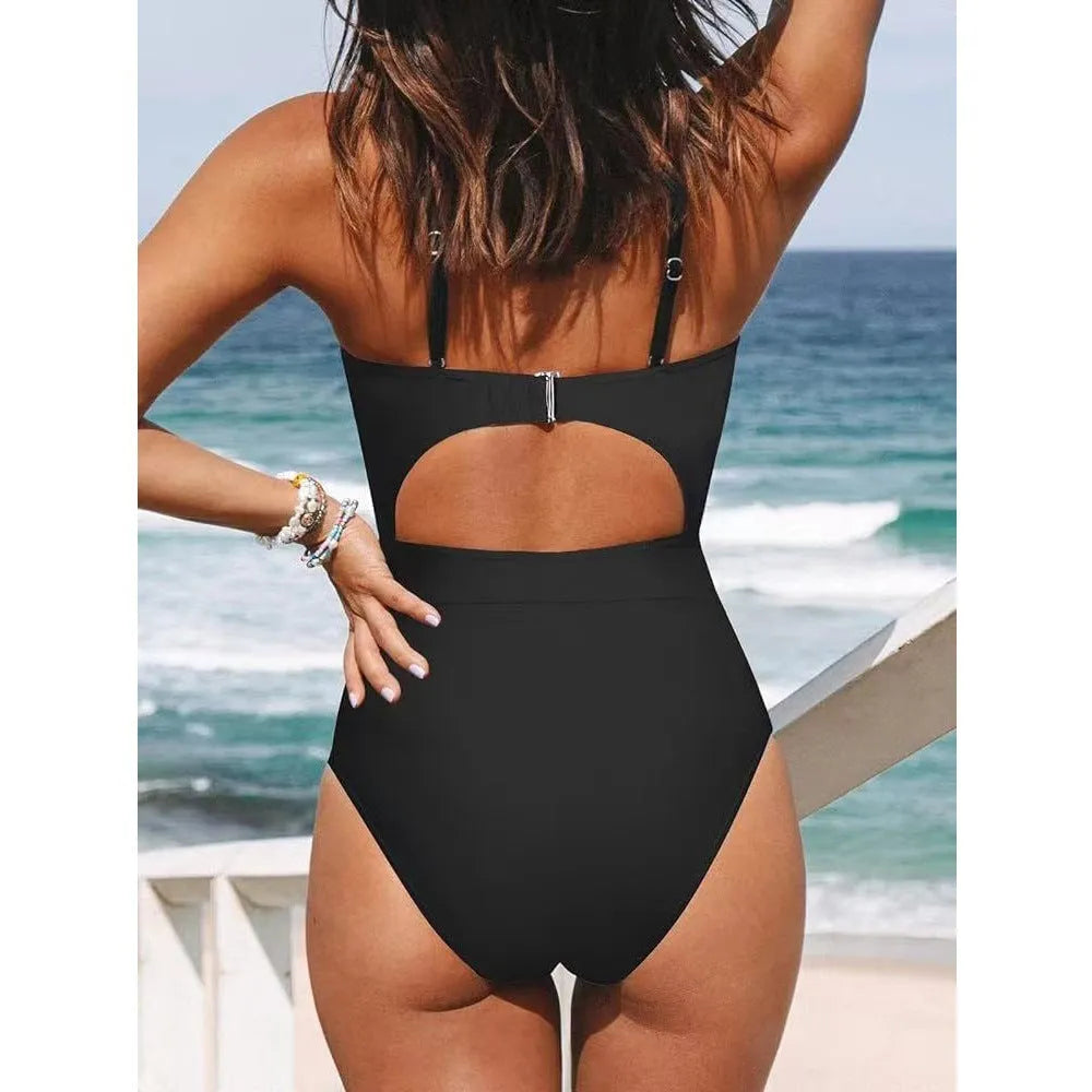 Women's one piece swimsuit cross backless high elasticity spandex lining solid colour black wine red peacock blue sizes S-XXL