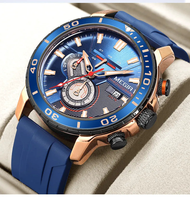 Men's multi-function chronograph calendar sports watch with 53mm dial, mineral glass, stainless steel, blue dial colour