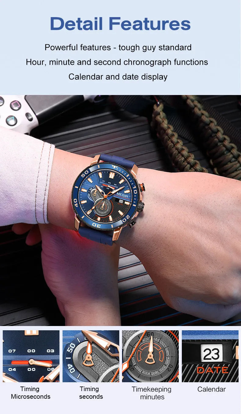 Men's multi-function chronograph calendar sports watch with 53mm dial, mineral glass, stainless steel, blue dial colour